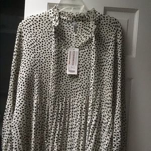 Pleated shirred white with black spotted blouse